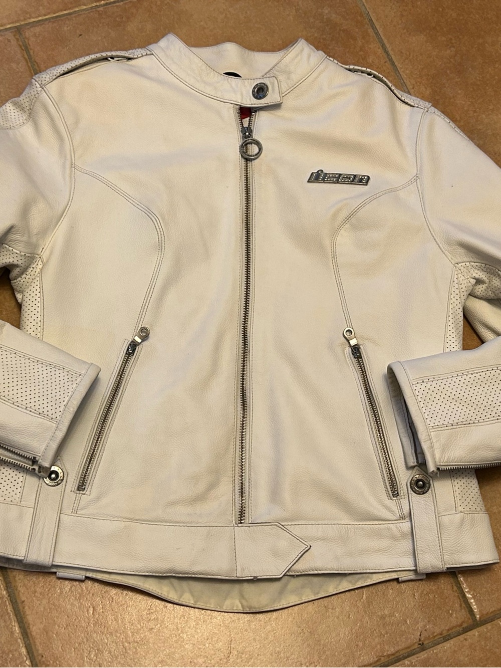 ICON women medium White Leather biker Motorcycle Jacket